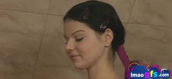 Hot Babe showing her natural tits and pussy. She get shower and fingering her pussy and rubbing tits