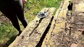 Slapping her hanging tits in the woods