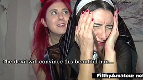Sexy priest gets a heavenly blowjob while devils watch & join!