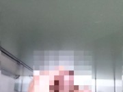A hairy Japanese man masturbates in the bathroom. His semen splashed on the door.