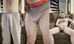 Watch me try on different tight briefs then jerking off big dick until messy cumshot