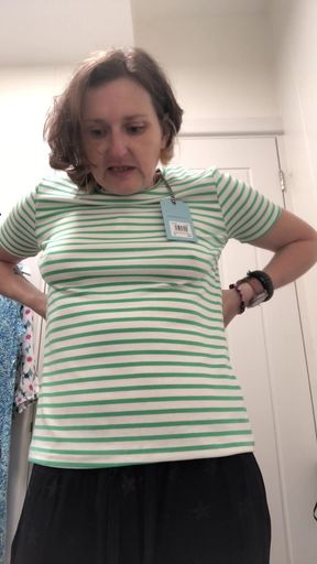 Braless, Commando, Tattooed Chick Trying on New Clothes. Part 1 of 2.