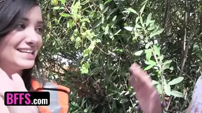 BFFS - Three Beautiful Teens End Up Their Save The Earth Naked Protest Sucking A Worker's Dick