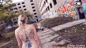 German blonde with small tits and tattoos gets fucked outside on a date