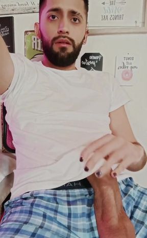 Jerking my big uncut latino cock with lube before bed I was so damn horny