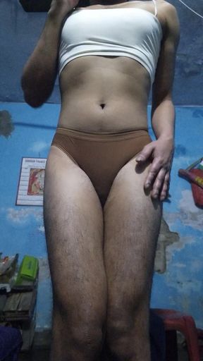 Teen Indian Femboy Wearing His Step Sister's Bra and Thong Panty