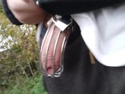Uncut ginger walking around and pissing in chastity