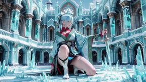 Ice Throne! Silver-haired Mage in Red-green Gown Kneeling, Blue-haired Partner Teasing in Realm!