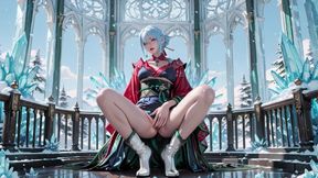 Ice Throne! Silver-haired Mage in Red-green Gown Kneeling, Blue-haired Partner Teasing in Realm!