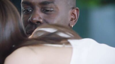 Young brunette swallows a huge black dick before riding it