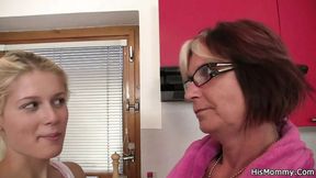 Blonde teen and mom explore kitchen intimacy