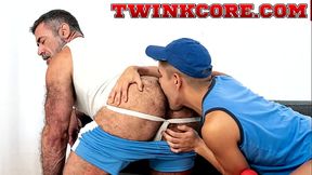 Lawson James blow Milo Miles really good down his throat. Milo then pulled his tight gym shorts down and revealed one of the most furry asses.