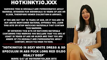 Hotkinkyjo in sexy white dress &amp_ XO speculum in ass fuck long red dildo really deep