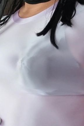 Beautiful and Sexy Sheer Spandex Top and Black Bra with Pointy Tits