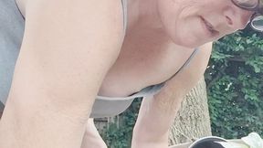 Tempest cleaning up in back yard