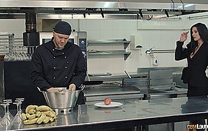 Hot brunette in lingeri and heels fucked in the kitchen