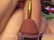 Pushing a Crochet Hook Plug Out of Caged Plugged Cock Pisshole - Dick Sounding with Girlfriend