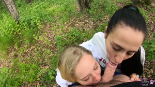 Two Girlfriends Suck Cock in the Woods - Threesome Outdoor Blowjob - Public POV