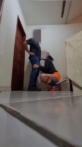 Friend From the Building Loses Bet and Gives Blowjob on Stairs