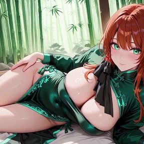 Red-haired in a Green Qipao! Languidly Lying Down in the Bamboo Courtyard, Lifting Her Hem to Tease You.
