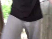 Freeballing in grey sweats showing VPL