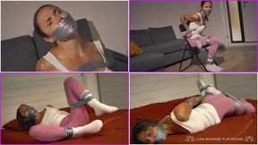 Luna - Escape challenge for the rent - Tape bondage, tape gagged with sponge ball, chair tied, frogtied, hogtied, struggling to get free, impossible escape, muffled cries - 1080p HD