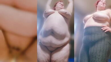 Her chubby stomach bulges over huge pierced tits while she plays with her massive nipples