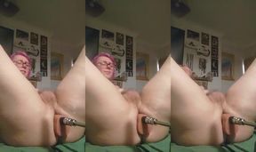 Pink haired tranny ravaged by relentless fuck machine until gushing mess
