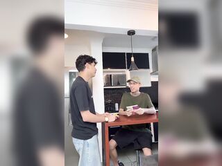 The virgin male came home and lost his virginity by falling on the ramrod.