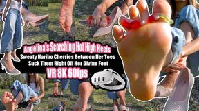 VR 3D 8K 180 60 fps | Angelina's Sweaty Barefoot High Heels Foot Fetish: Haribo Cherry Gummies Between Toes – Lick, Suck & Worship Her Damp, Sticky Soles!