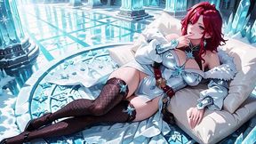 Red-haired sorceress seductively enters Crystal Hall with open robe and
