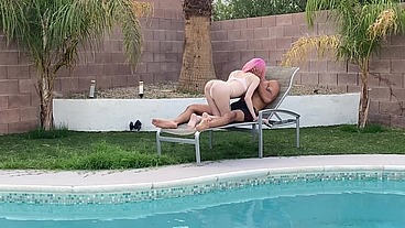 Tiny Trans Cutie Claire Gemini Sucks Huge Cock by the Pool