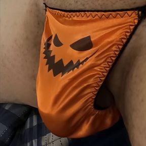 Playing With My Bulge In a Halloween Satin Sissy Thong