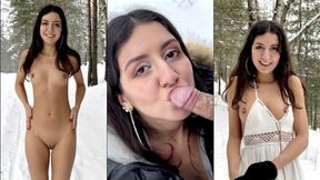 Blowjob under snowflakes, icy cold cum swallowing