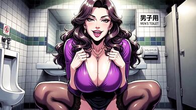 Mature milf hunts her prey in a public toilet animated fuck fest
