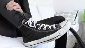 Lady Victoria Valente vacuums sneakers then cums on them POV
