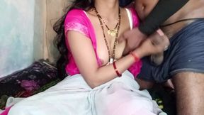 Hot Indian aunty pressed her big tits and got great pleasure by massaging her step son&#039;s penis