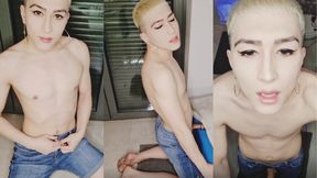 Femboy in jeans shorts and dirty feet fucks transparent fleshlight