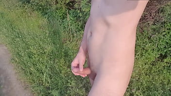 Completely naked jerking and cumming in the fields with piercing trinket in the cock (full version)