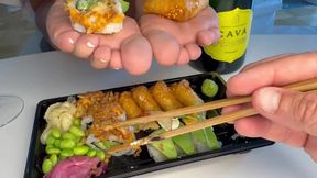 Foot fetish with beautiful small cute soft bare feet enjoying sushi food crush all over the wide short meaty soles - foot fetish at its best