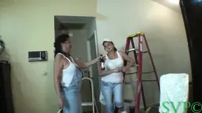 Two hot women take a break from painting and eat each other's pussy