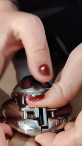Squeezing my big dick chastity cuckold in a new tiny chastity cage