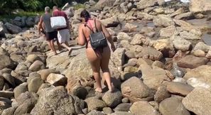 Hot Brunettes in Thong Bikini on the Trail of the Deserted Beach Delicious