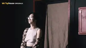 Brunette teen with glasses pegs bartender in femdom strapon play