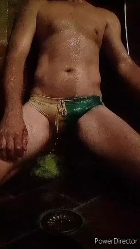 Shower time wet green and yellow speedo