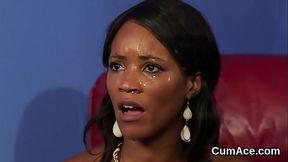 Sexy centerfold gets jizz load on her face swallowing all the ejaculate