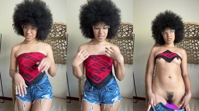 Afro cutie talks about cock during strip tease