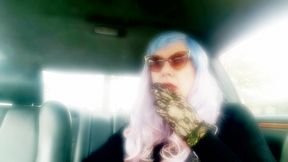 MATURE TG CD SMOKING MORES IN MY RIDE - LOTS OF DANGLING LONG CIGARETTES