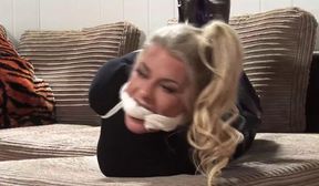 bratty stuck up blonde tied in her leather pants and spanked