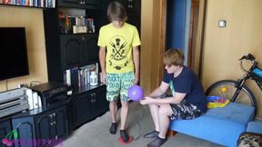 Thin, black socks blowing up balloons + footjob